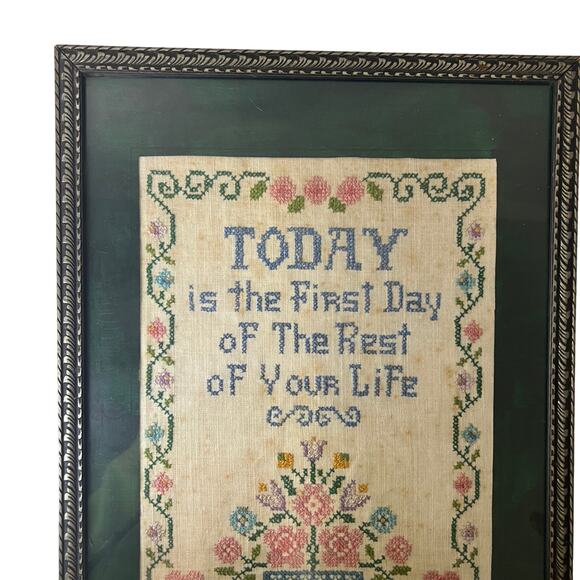 Vintage Today is the First Day Flower Basket Cross Stitch Sampler Completed - Picture 5 of 11